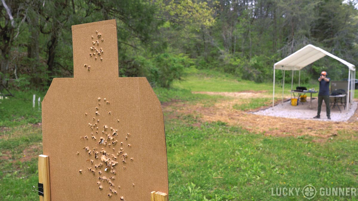 A cardboard target fired as part of this Ruger LCP II review at the range